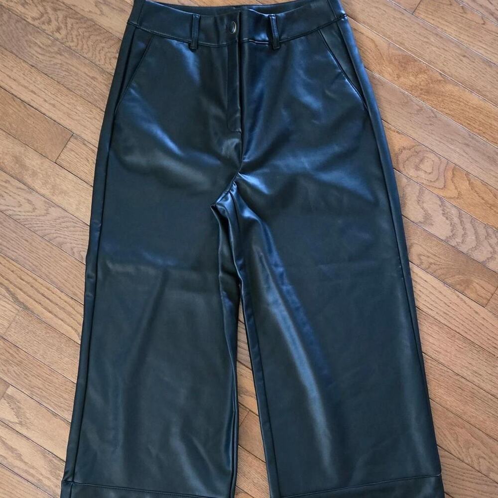 new whbm Black faux leather wide leg pants 4